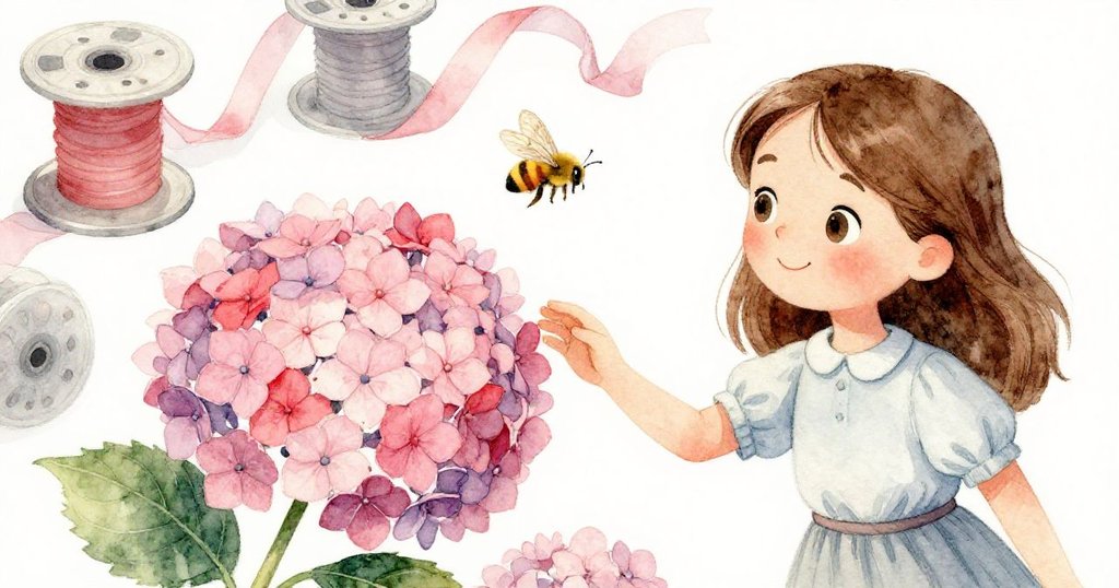 Maeve的手靠近繡球花,一隻小蜂引發靜止蛾子飛起,背景中彩帶捲盤微晃,多層景深展現細節。