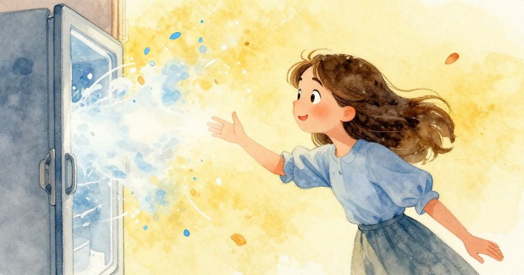 Maeve面對打開的冷藏門湧出的冷風,手臂感受涼意,金黃光線與藍調渲染,花瓣隨風飛舞,神情驚訝。