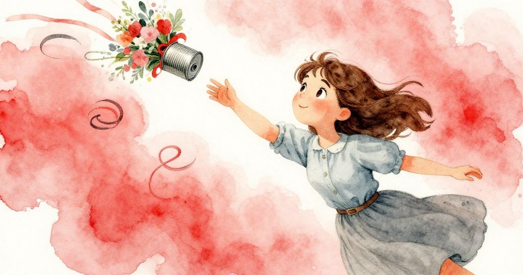 Maeve奮力撲向墜落的肥料罐,彩帶在空中旋轉,未完成的花束隱現,神情堅定急促,充滿緊張動感。