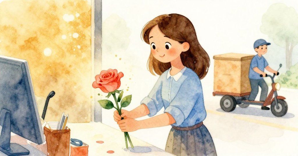 Maeve臉上露出輕鬆微笑,將最後一朵珊瑚玫瑰放入完美排列的花束,背景中送貨司機推著花箱緩緩而來,氛圍溫馨。