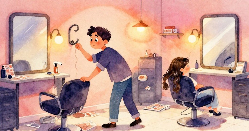 Wade在溫暖理髮店中仔細檢查覆有塵埃的金屬掛鉤，背景有雜誌與烘乾機，神情專注且略帶憂慮。