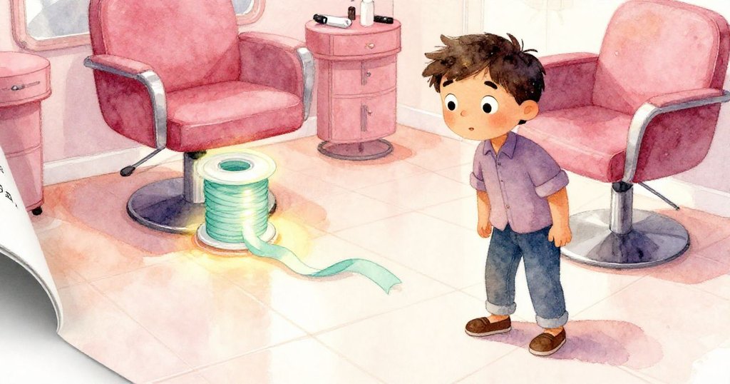 Wade在理髮店發現椅下隱藏的薄荷絲帶，雜誌滑落時激發意外驚喜，溫暖燈光映襯出柔和光澤。