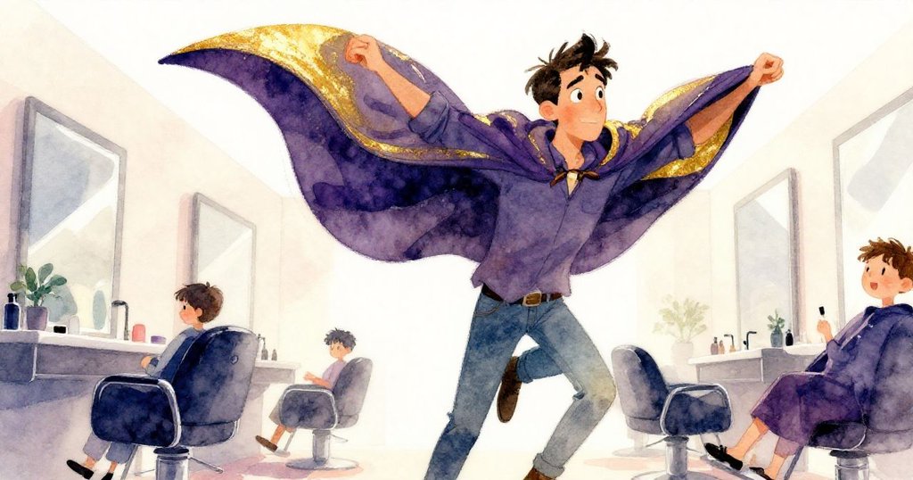 Wade從椅子上站起，披風隨風飛揚，低角度畫面展現堅定神情與理髮店中熱烈活力。