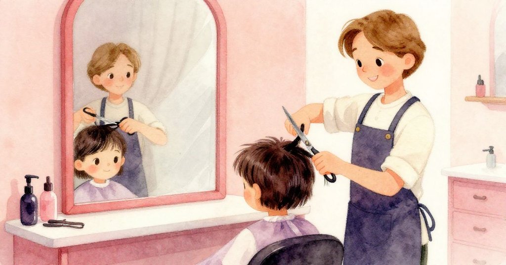 理髮師在鏡前專注修剪髮絲，剪刀輕響喚起懷舊情懷，燈光柔和展現溫馨回憶。