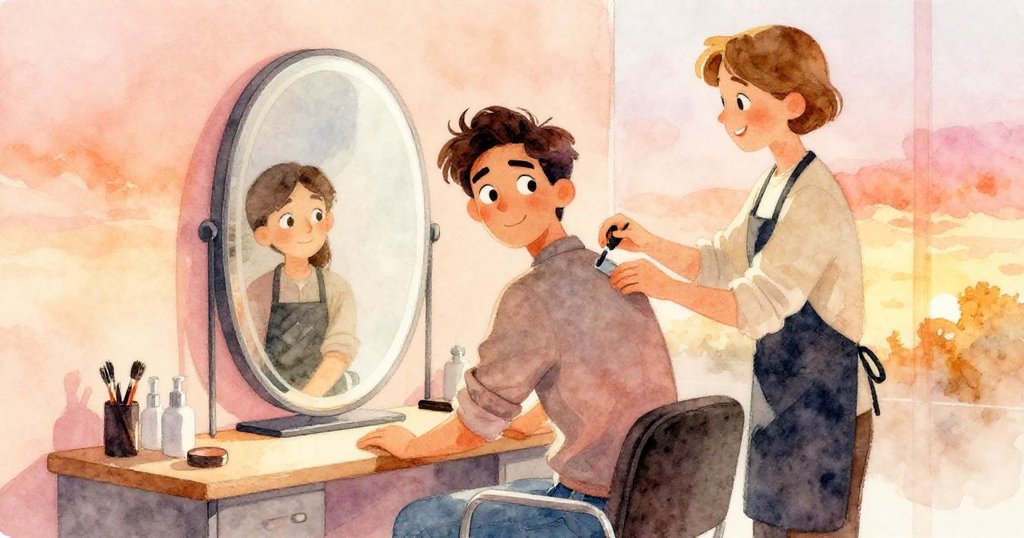 Wade與理髮師在鏡前互動微笑交流，花香氛圍中展現彼此信任與合作情感，燈光溫暖舒適。