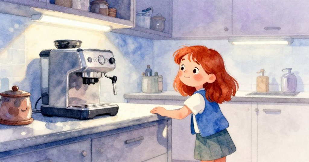 露比站在現代化廚房中，輕觸發亮鋼櫃台，背景透出柔和藍光與紫色調，眼中滿是好奇與期待