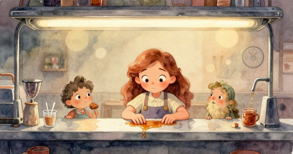 露比手指輕觸閃亮鋼櫃台，呈現出糖漿痕跡與細膩糖霜，充滿溫柔探索與細節美感