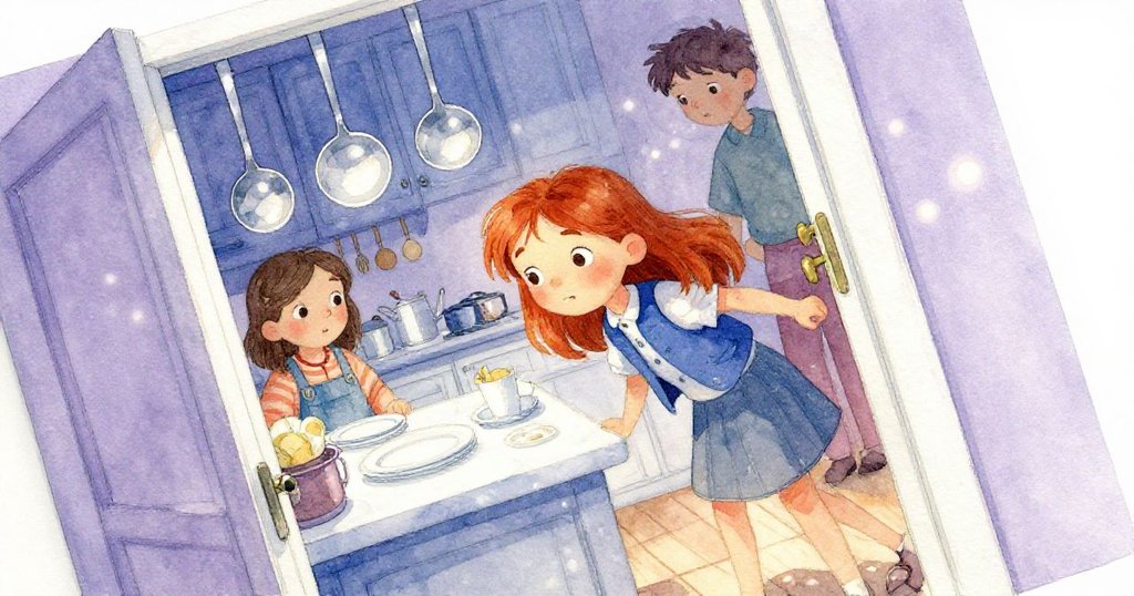 露比專注等待，廚房門口透出銀色湯匙與白皚皚餐盤的繁忙場景，傾斜視角呈現動態張力