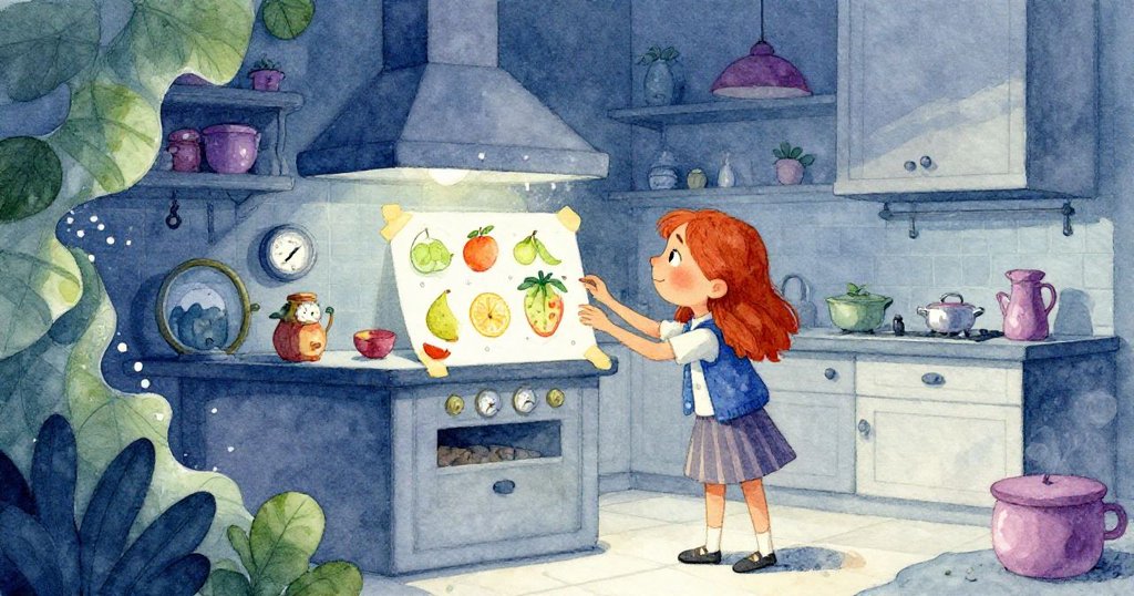 露比聚精會神地看著貼在咖啡機旁的水果分量圖，背景採用不可能幾何構圖，冷藍與綠色調交織出奇幻氛圍