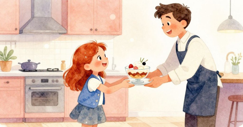 露比滿心喜悅接過服務生送來的玻璃甜點碗，展示出層次分明的紫色甜點與金色蜂蜜，充滿慶祝氛圍