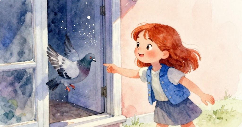 露比溫柔地引導著一隻鴿子飛出敞開的露台門，袖上飄落糖霜，臉上滿是平靜與滿足，結束了漫長等待