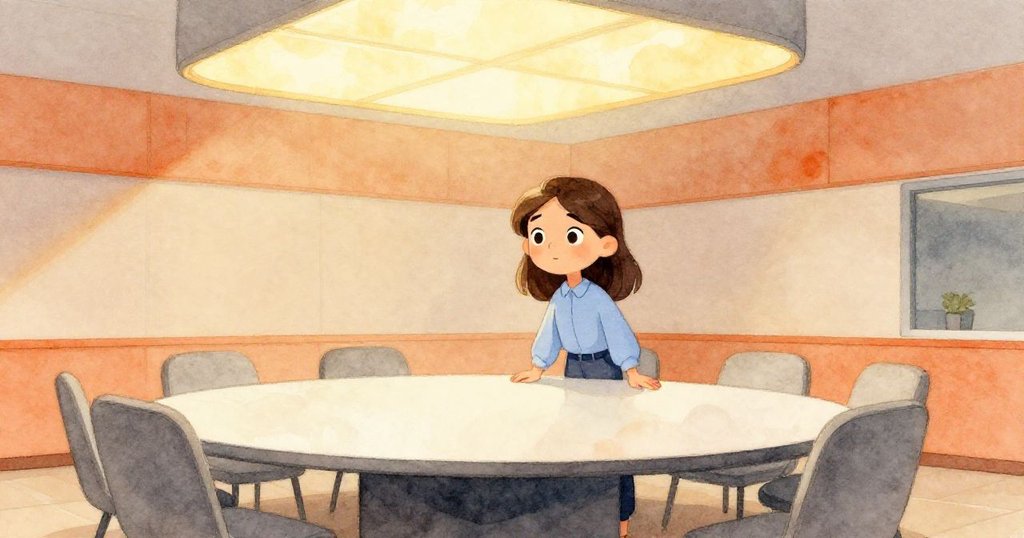 皮婭走進明亮會議室，手握電纜轉接器，背景中整齊排列的面板倒映晨光，神情期待溫暖展現新的一天。