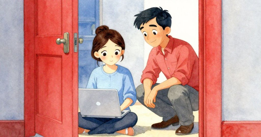 保羅蹲著與皮婭調整筆記本電腦，從半掩的門縫中觀看室內光影，神情專注帶著好奇心。