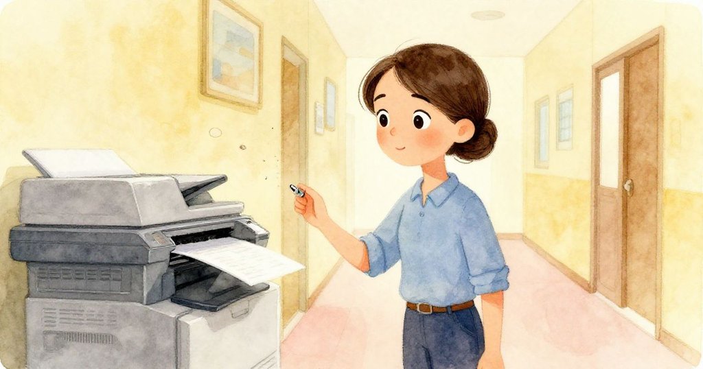 皮婭凝望走廊中忙碌的印表機，回憶昔日轉接器的存在，色調溫暖帶有懷舊氛圍，思緒中融合過去與現實。