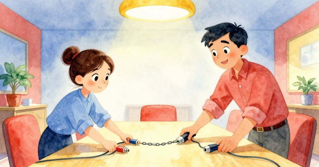 皮婭與保羅全神貫注地連接電纜，動作協調迎接技術挑戰，桌上光影交錯呈現出堅持與緊張情緒。