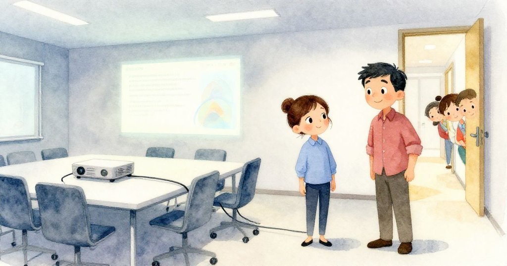 完成的電纜像細橋連接桌與投影車，皮婭與保羅面帶勝利微笑，背景中同事從走廊探頭，揭示任務圓滿。