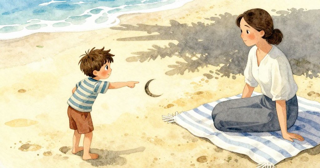 在溫暖海灘上，Grant 指著沙中黑暗的新月形痕跡，Mom 坐在條紋毛毯上看書，情緒充滿好奇與平靜