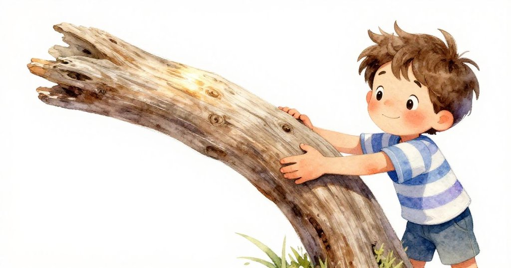 在海灘上，Grant 細看握在手中的老漂流木，木紋細緻呈現歷史痕跡，場景充滿溫暖光線和細膩情感