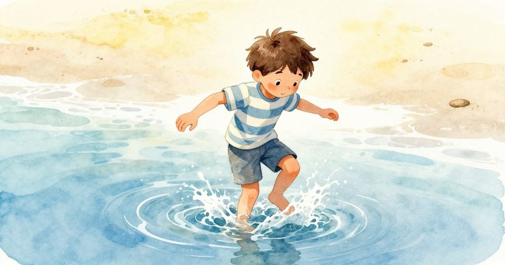 從高角度看，Grant 踏入光滑的淺水區，水花輕灑四周，展現出探索與專注的情緒