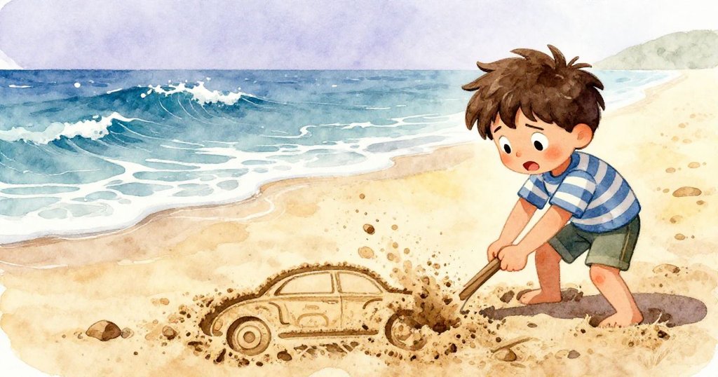 在動態瞬間，Grant面露堅定與惋惜，浪花沖刷著精雕的沙圈，他忙於調整工具與沙紋