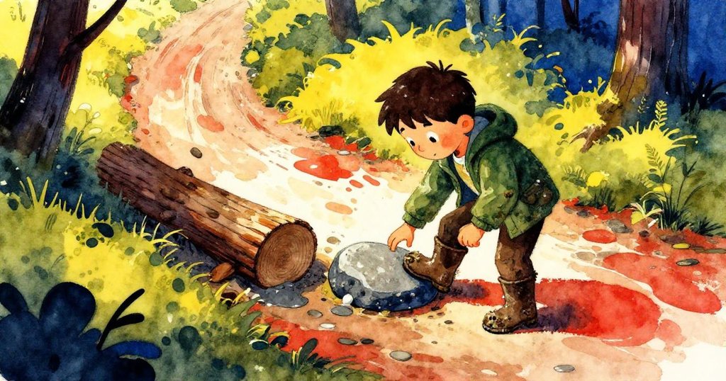 樹林上方俯視見Zane在探索濕滑石塊，泥濘雨林中落葉、石頭晃動展現冒險初始，好奇又謹慎。