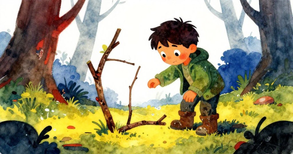 從小動物視角看Zane俯身於濕潤苔蘚上組裝樹枝架構，四周泥土和根紋細緻呈現冒險進展。