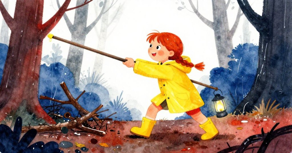 Vera在濕潤林間尋找支撐物，拉出堅實樹枝，雪白枝葉與碎片飛舞展現冒險轉折。