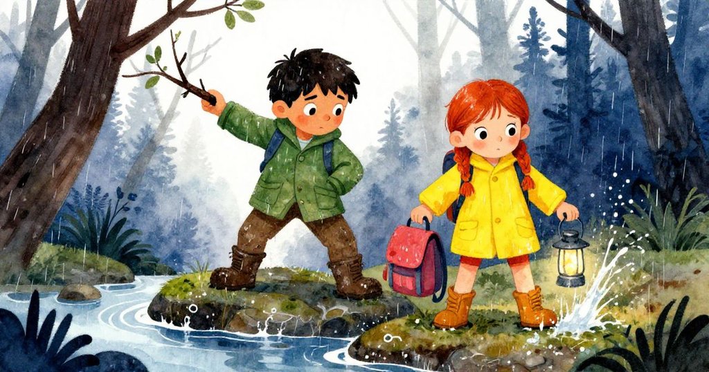 Zane與Vera在滑石上協力對抗雨水濺起，專注表情與濕潤環境展現冒險高潮與挑戰。