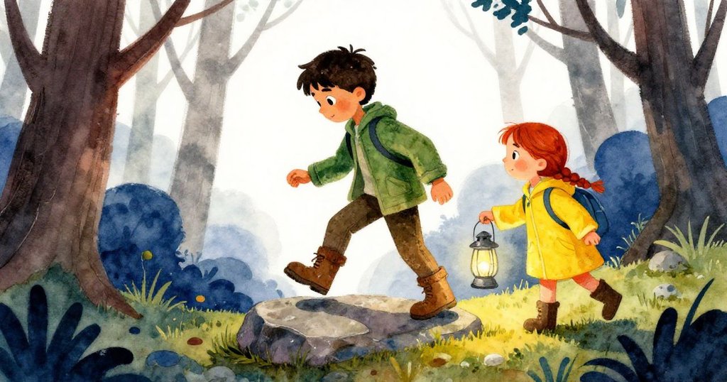 在林間清地上，Zane穩步跨上穩固石塊，Vera傳遞背包，微光燈火映出冒險結束後的新希望。