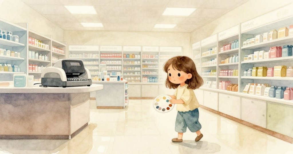 薩拉走進明亮藥房,地面光滑,打印機發出細碎聲音,表情充滿好奇與期待。