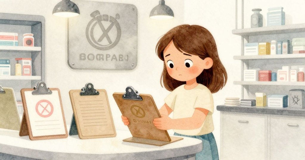 薩拉正專注檢查桌上遺棄的文件板,雙手動作果斷,現代藥房中細節豐富。