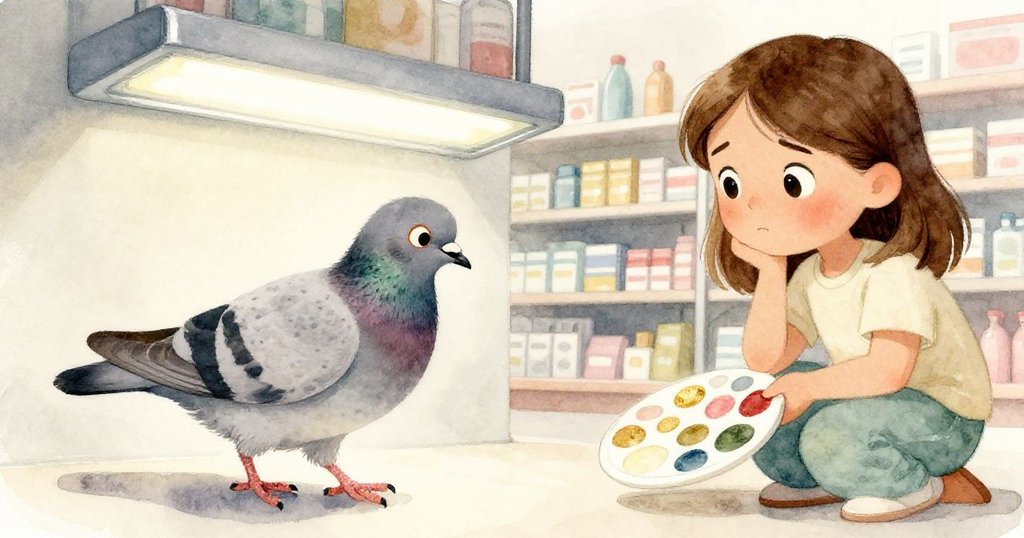 薩拉從半掩門後注視著藍灰色鴿子焦躁步動,冷光映襯下充滿細膩情感。