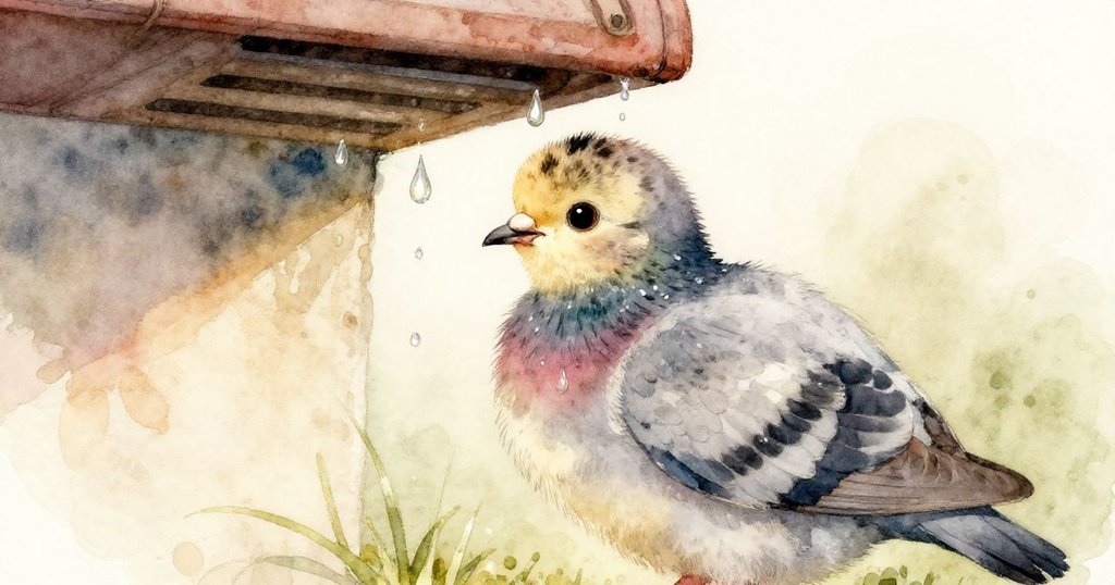 近距離展現小鴿子背上滴落的凝結水珠,光影交織中透露出藥房內的精緻細節。