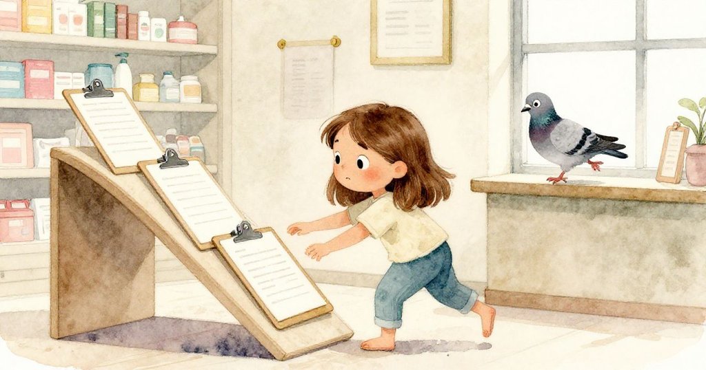 薩拉迅速擺放文件板組成斜坡,小鴿子奮力躍起逃脫,動態場景充滿現代藥房緊張氣氛。
