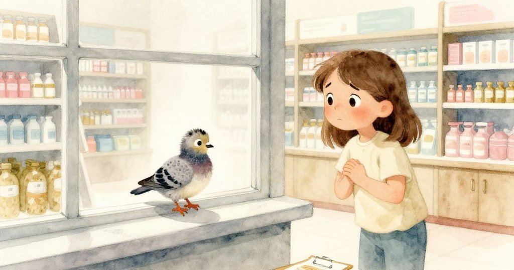 小鴿子終於棲上窗台,薩拉露出寬慰神情,藥房內靜謐氛圍中留有微弱灰塵痕跡。
