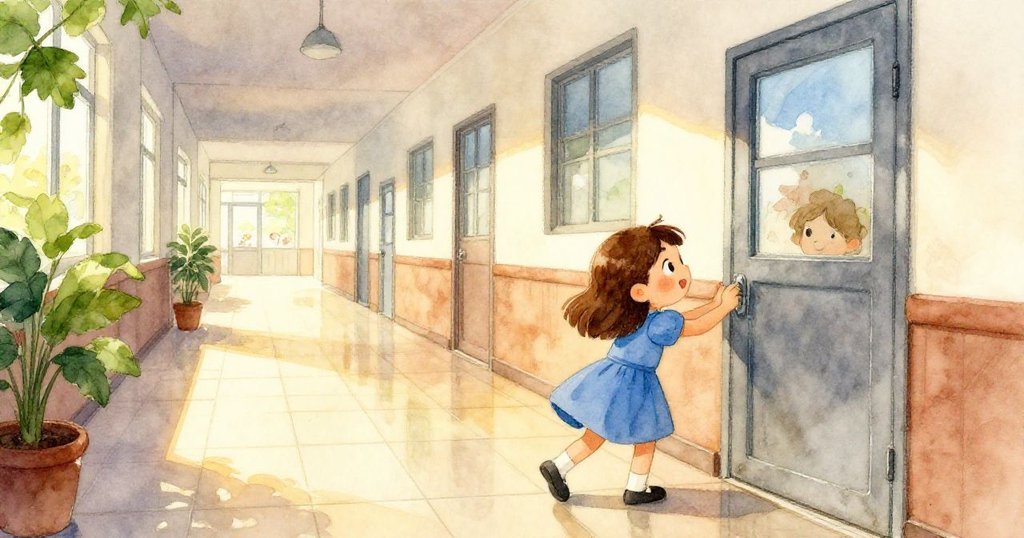 在晨光中,Maeve推開吱吱作響的金屬門,其倒影映出她專注又期待的神情,走入寬敞走廊。