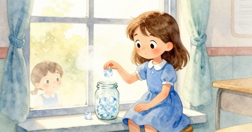 Maeve蹲在窗邊,用冰塊輕放入溫水玻璃瓶中,凝視著水面升起的薄霧,表情專注而細緻。