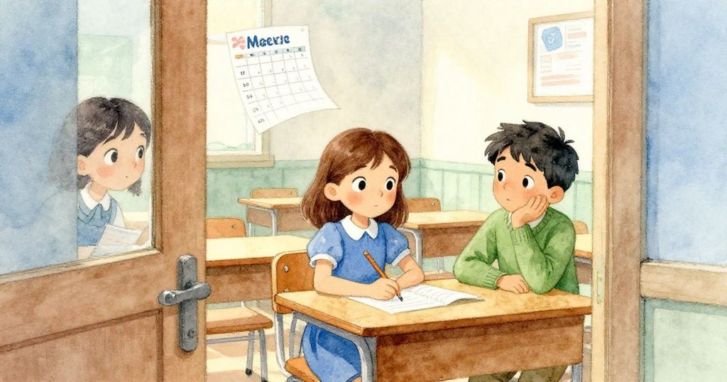 透過微敞的門縫,Maeve探望教室內放鬆的Dean正敲著鉛筆,課表從樓梯輕舞而下,空氣中瀰漫著靜謐神秘。