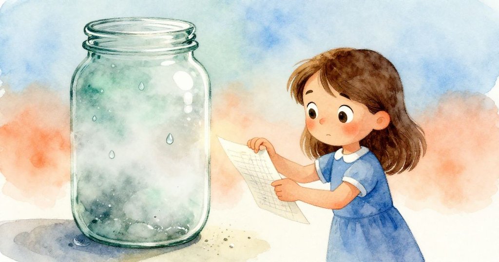 窗邊玻璃瓶半被薄霧覆蓋,Maeve謹慎滑入圖表紙,水珠與粉筆塵在光中閃爍,彷彿記憶重現,氣氛柔和。