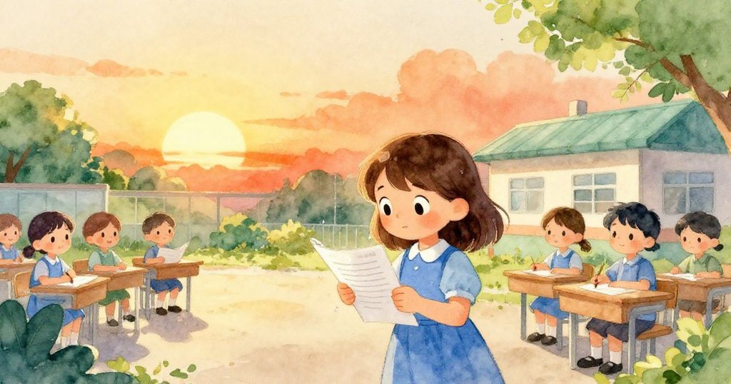 夕陽輕拂樓梯間,Maeve靜靜注視凝結水珠停滯於工作紙上,心中滿懷成就與溫暖,畫面寧靜美好。