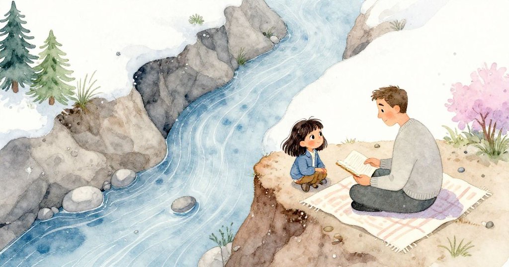 Nell和爸爸在溪邊露天探索與閱讀，從高空俯瞰藍灰溪流、黏土岩石，畫面充滿奇幻與溫馨情感。