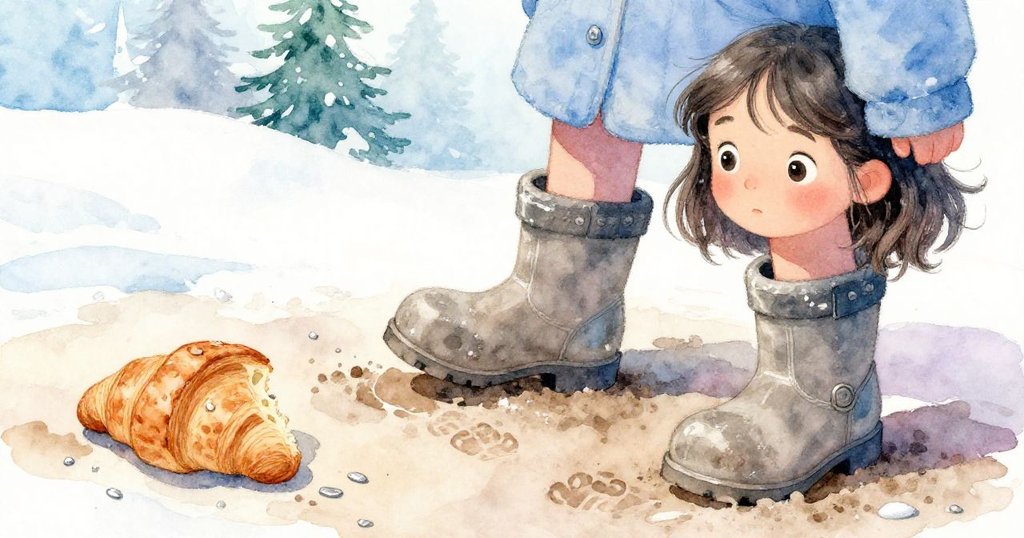 Nell的靴子在潮濕黏土上留下明顯足跡，周圍散落著石子與銀色餅屑，呈現探索中的活力。