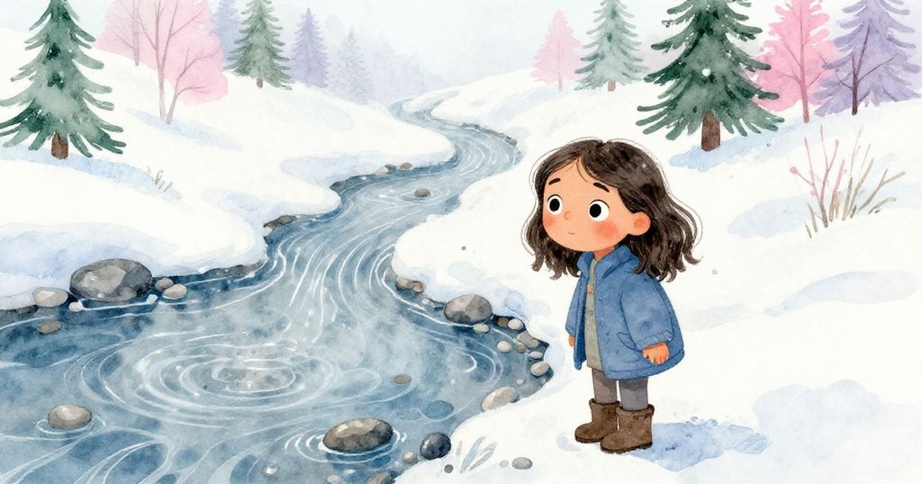 Nell專注凝視溪水，尋找失落石片，眼中閃爍著決心與好奇，水面映出柔和光芒。