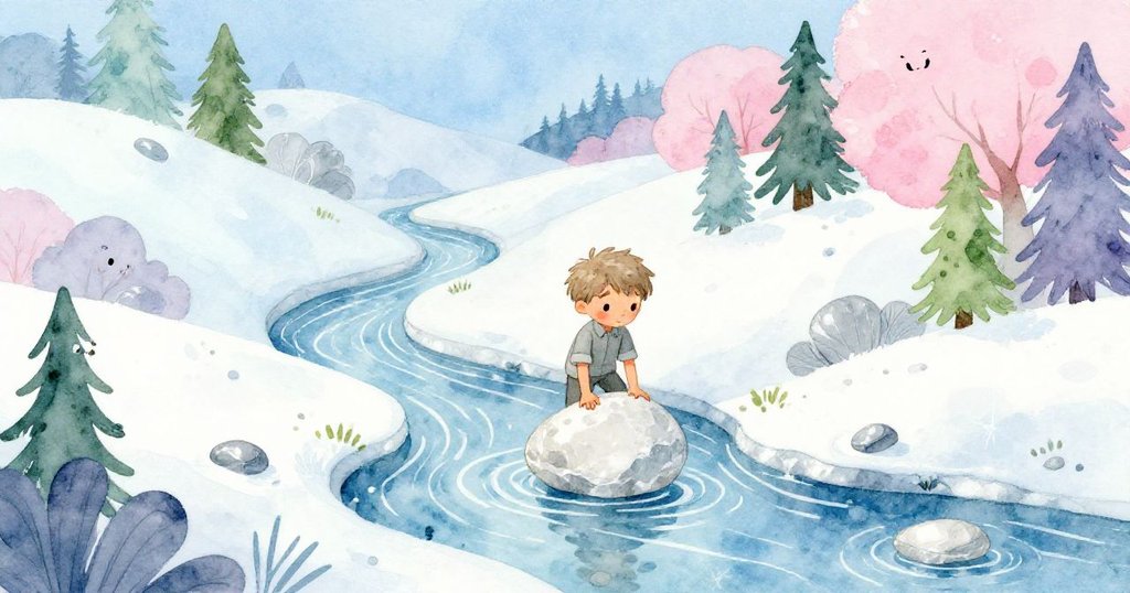 Grey小心翼翼提起冰白頁岩，溪水呈現奇異幾何曲線，整個畫面充滿超現實魔幻風情。