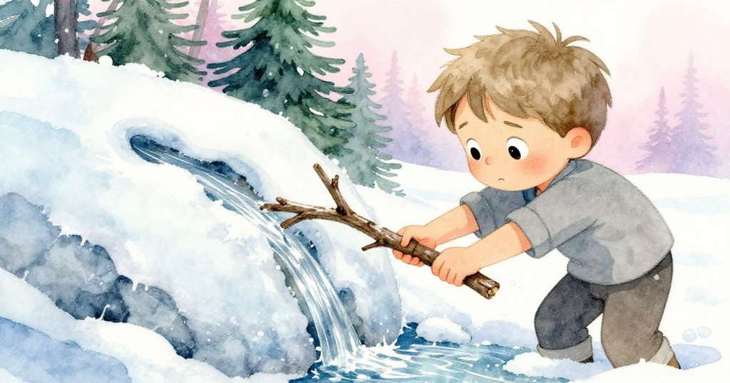 Grey急切用樹枝堵住細縫洩流，面部表情充滿專注與緊張，水流形成細細銀線，劃破靜謐氣氛。