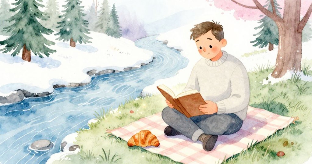 爸爸安坐在毯上閱讀，身邊擺著半吃餅乾，溪水靜靜流動，整個場面散發著寧靜與安詳。