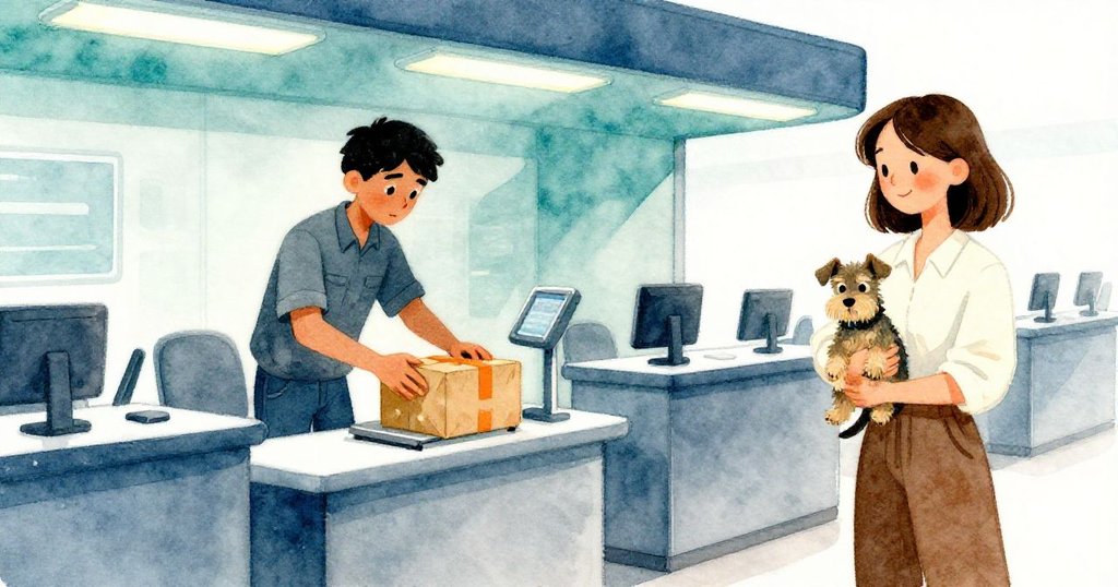 Max在現代海關區準備稱重包裹，Zara牽著小狗注視，燈光冷峻，環境現代且充滿期待。