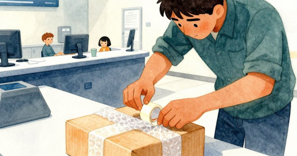 Max專注於包裹操作，手法細緻撕開膠帶與包裝氣泡，表情專注，精確操作現代海關環境。