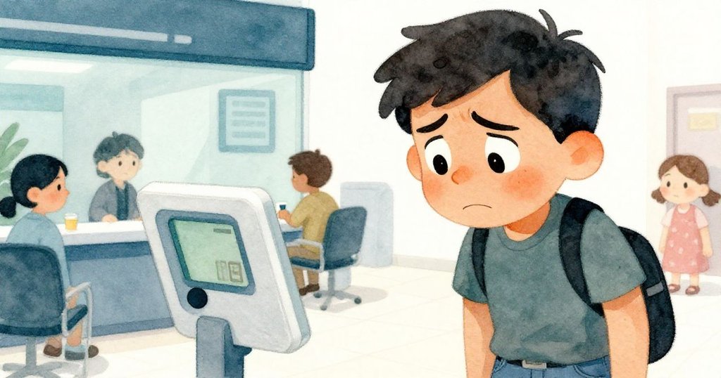 Max表情焦慮，眉頭緊鎖看著數位秤，背景包裹擾亂細節，展現內心掙扎與焦急情緒。