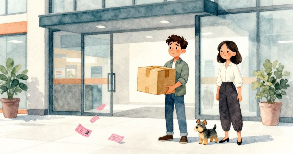 Max終於調整包裹達標，與Zara共享安心笑容，小狗歡快，票券在光亮場域輕舞，充滿希望與轉機。